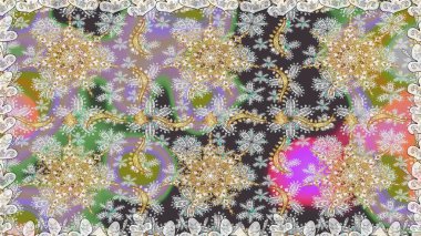 Altın rengi, kusursuz çizim. Raster geometrik arka plan. Gri renklerde, altın çiçekli altın desenler. Senin tasarımın için, duvar kağıdı..