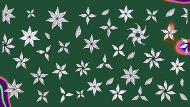 Raster - stok. Yapraklı çiçekler ve yeşil renkli papatya çiçekleri. Taslak arkaplan deseni.