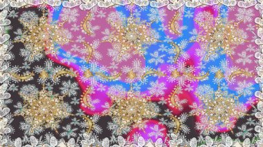 Gri renkli ve altın elementli altın desenli. İslam tasarımı. Raster altın tekstil baskısı. Kusursuz desenli oryantal süs. Çiçek karoları.