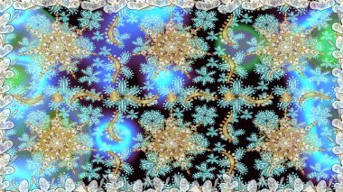 Çiçek süsü kumaş deseni, cam, altın elementli mavi renklerde çiçek desenli metal. Klasik raster altın pürüzsüz desen.