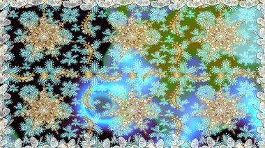 Çiçek kiremitleri. Raster altın tekstil baskısı. Kusursuz desenli oryantal süs. Altın elementlerle nötr renklerde altın desen. İslam tasarımı.