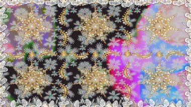 Doğum günü kartı, davetiye ya da afiş için iyidir. Dekoratif simetri arabesk. Raster illüstrasyonu. Kusursuz ortaçağ çiçek deseni. Gri renklerde altın.