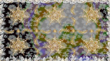 Damask altın soyut çiçek gri renklerde pürüzsüz desen. Süslü dekorasyon. Raster illüstrasyonu.