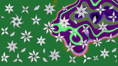 Küçük çiçekteki sevimli çiçek deseni. Bir sürü yeşil ve soyut çiçekli tropik eskiz deseni. Varicologreen Raster çizimi.