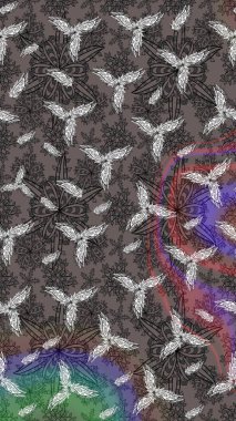 Gri renkli Asya tekstili. Raster illüstrasyonu. Çiçek desenini çiz.