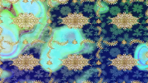 Raster altın desen. Doğu tarzı arabesk. Altın elementli mavi renkler. Çizim altın desenli bukleler. Raster illüstrasyonu.