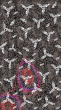 Düz Çiçek Elementleri Tasarımı. Renkli Bahar Teması eskiz kalıbı. Güzel kumaş deseni. Raster illüstrasyonu. Asya tekstil tarzında. Çiçek desenini çiz.