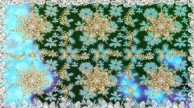 Tekrarlayan elementlerle soyut arkaplan oluşturun. Mavi renklerde, altın elementli, kusursuz altın desenler. Kusursuz damaske klasik altın desen. Raster illüstrasyonu.