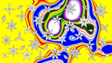 Raster illüstrasyonu. Şirin çiçekli eskiz deseni ve sarı renkli yapraklar, suluboya çiçek deseni, duvar kağıdı, kart veya kumaş için fayanslı.