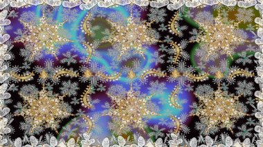 Altın antika ortaçağ dekoratifi, yapraklar ve gri renkli altın desenli süslemeleri olan pürüzsüz bir şablon. Kusursuz kraliyet lüksü, altın barok kumaş rengi..