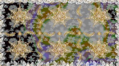 Damask altın soyut çiçek gri renklerde pürüzsüz desen. Süslü dekorasyon. Raster illüstrasyonu.