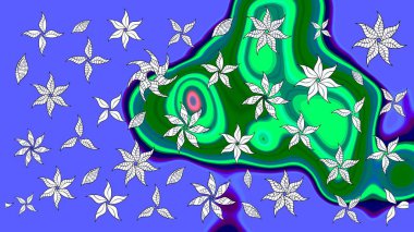 Raster çiçek desenli çiçek deseni, yapraklar, dekoratif elementler, sıçrama, lekeler, el çizimi kontur çizgileri ve Doodle çizim stili, grafik raster çizim çizimi.