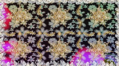 Gri renklerde, altın elementlerle kusursuz desen. Parlak dantel, stilize çiçekler, şal desenli. Kusursuz altın desenli bukleler. Doğu tarzı arabesk. Raster. Zarif altın deseni aç.