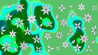 Hediye ambalaj kağıdı, tebrik kartları, posterler ve pankart tasarımı. Raster düz çiçek çizim deseni. Yeşil renkte çiçekler.