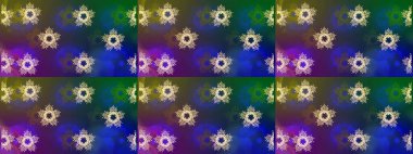 Düşen Noel stili kar taneleri. Güzel, mavi, yeşil ve mor kar taneleri renkli bir arka planda izole edilmiş. Kar taneleri, kar yağışı. Görüntü.