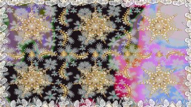 Damask arkaplanı. Gri renklerdeki altın element. Barok tarzında altın çiçekli süs. Altın çiçekli, pürüzsüz desen.