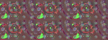 Raster illüstrasyonundaki çiçek desenli çizim. Raster illüstrasyonu. Kahverengi, yeşil ve mor renklerde. Güzel kumaş deseni.