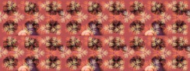 Yüzey için tekrarlanan doku, ambalaj kağıdı, pembe, kahverengi ve turuncu renkli kar tanesi. Kış kar taneleri, raster arka plan.