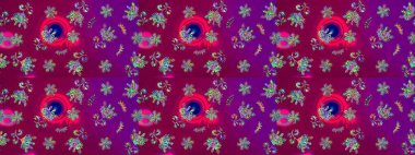 Çiçek desenli çizim. Raster illüstrasyonu. Mor renkli Asya tekstili.