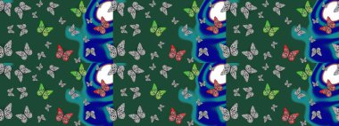 Raster illüstrasyonu. Farklı renkte kelebeklerden. Tasarım için Raster Kelebekleri. Giysi tarzı için yeşil arka planda dekorasyon. Fantezi renkli resimler koleksiyonu.