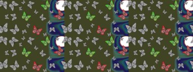 Raster. Şirin kelebeklerin güzel çizim şekli. Moda Kumaşı Tasarımı. Yeşil renkli resimler. El çizimi illüstrasyon.