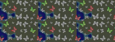 Güzel Kelebek Siluetleriyle Moda Dekorasyonu. Yeşil renkli Raster Arkaplanı. Renkli Kelebeklerle Bahar Arkaplanı. Kart, Davetiye, Yazdırma İçin Şirin Kadınsı Desen.