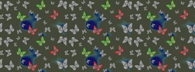 Raster illüstrasyonu. Kumaş, Tekstil, Baskı ve Davetiye için arka plan. Doğadaki güzellik. Suluboya Biçimli Uçan Kelebekler ile çizim deseni.