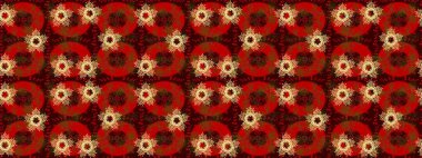 Yüzey için tekrarlanan doku, ambalaj kağıdı, kırmızı, kahverengi ve sarı renkler. Kış kar tanesi, raster arka plan. Renkli arka planda izole kar taneleri. Raster illüstrasyonu.