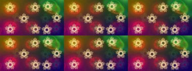 Farklı kar taneleri toplayıcısı, kahverengi, yeşil ve mor renkte kış elementleri. Raster Noel soyut renkli arkaplan ve tatlı kar tanesi.