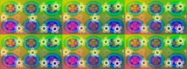 Raster yeşili, sarı ve mavi kar tanelerinden izole edilmiş. Güzel bir kış süsü. Renkli kar taneleri Raster illüstrasyonu.