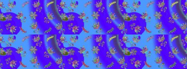 Noel ve yeni yıl moda baskıları için tatil tasarımı. Mor, mavi ve yeşil renkler. Raster illüstrasyonu. Kar tanelerinin soyut arkaplanlı Noel deseni.