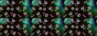 Siyah, yeşil ve gri renklerde bahar çiçekleri. Raster illüstrasyonu. Raster deseni. Patlayan çiçekler soyut yerleştirilmiş.
