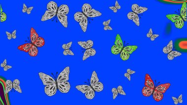 Kumaş, tekstil, baskı ve davetiye örnekleri. Çizim kalıbı. Raster. Mavi arka planda uçan güzel kelebek. Doğada Güzellik.