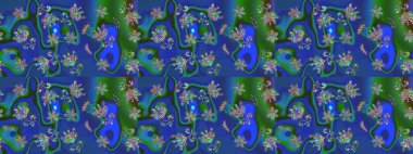 Çiçek ve yapraklı karalama şeklinde Raster çiçek deseni. Yumuşak, bahar çiçekleri mavi, yeşil ve mor renklerde. Raster illüstrasyonu.