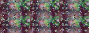 Kahverengi, yeşil ve mor renklerde karalamalı çiçeklerle kusursuz çiçek deseni. Raster illüstrasyonu.