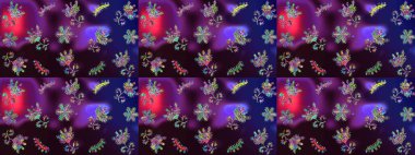 Elle çizilmiş çiçek desenli Raster çizimi. Tekstil, kumaş, ambalaj, hatıra defteri için hoş bir çiçek arkaplanı. Çocuksu tasarım. Kahverengi, mor ve mavi arkaplanda.