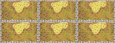 Renkli folklorlu, kelebekli kusursuz desen. Paketleme, kağıt ve kumaş için uygun. Sarı arka planda renkli kelebekler.