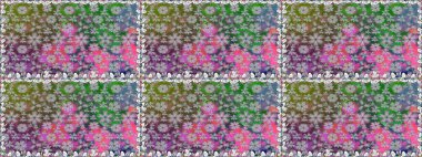 Kusursuz bir geçmişi var. Raster illüstrasyonu. Renkli desenli, gri çiçekli ve dekoratif elementli kusursuz desen. Kumaş, tekstil, duvar kağıdı baskısı için. Antika retro tarzı.