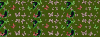 Raster illüstrasyonu. Tekstil baskısı için ekose kelebek. Yeşil renklerin çizimi. Çizim kalıbı. Karala, karala, karala.