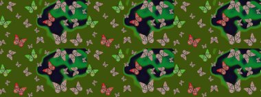 Yeşile kelebek desenli kontrastlı çizim. Giysiler için böcek kumaşı klipsleri tekrarlanıyor. Davetiye, kart ve parmak izi için basit kadınsı bir model. Uçan kelebek keten temalı Raster illüstrasyonu.