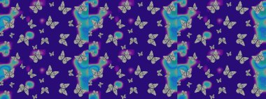 Davetiye, kart ve parmak izi için basit kadınsı bir model. Mavi arka planda kelebek. Robot resim. Raster illüstrasyonu.