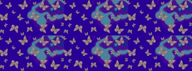 Raster illüstrasyonu. Renkli sevimli kelebek. Mavi renkli resimler. Eskiz kalıbı arka planı. Yüzey dokuları, duvar kağıtları, web sayfası arkaplanları ve tekstil için mükemmel.