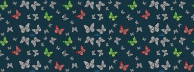 Kumaş, Tekstil, Baskı ve Davetiye için arka plan. Raster illüstrasyonu. Mavi arkaplanda kelebek deseni.