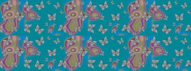 Eskiz kalıbı arka planı. Renkli sevimli kelebek. Yüzey dokuları, duvar kağıtları, web sayfası geçmişi, tekstil için mükemmel. Mavi renkli resimler. Raster illüstrasyonu.