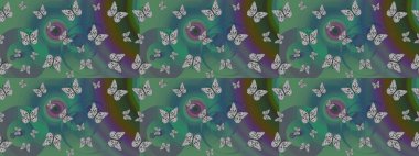 Raster illüstrasyonu. Çizim kalıbı. Kumaş, tekstil, baskı ve davetiye için arka plan. Yeşil renkte güzel renk kelebekleri.