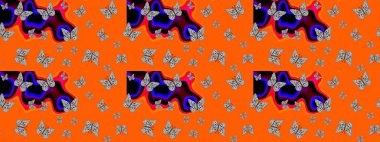 Güzel Kelebek Siluetleriyle Moda Dekorasyonu. Güve ile Raster Geçmişi. Basit Kadınsı Kart, Davetiye, Yazdırma Kalıbı. Kelebekli yaz arkaplanı turuncu renkler.