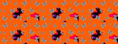 Tekstil ve kumaş için komik kelebek deseni. Kızlar, erkekler, elbiseler, duvar kağıtları için soyut çizim kalıbı. Moda tarzı. Kelebek, kanat, neon renkli yaratıcı raster arkaplan.