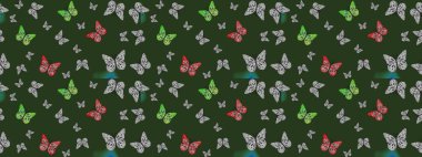 Çizim kalıbı. Web sayfası geçmişleri, duvar kağıtları, tekstil ve yüzey dokuları için mükemmel. Raster illüstrasyonu. Yeşil arka plandaki suluboya kelebeklerin. Raster..