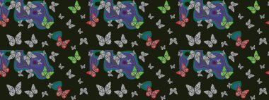 Suluboya soyut parlak desenli kelebek kanatları, retro renkler. Kumaş, tekstil, baskı ve davetiye için arka plan. Gri renkli resimler.