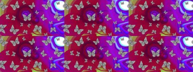 Raster illüstrasyonu. Kelebekli parlak eskiz deseni. Mor renkli resim. Moda Kumaşı Tasarımı.